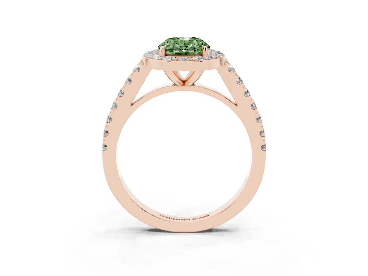 Fancy Green Oval Cut Diamond Halo Ring with Round Pavé Split Shank and Prong Setting Rose gold