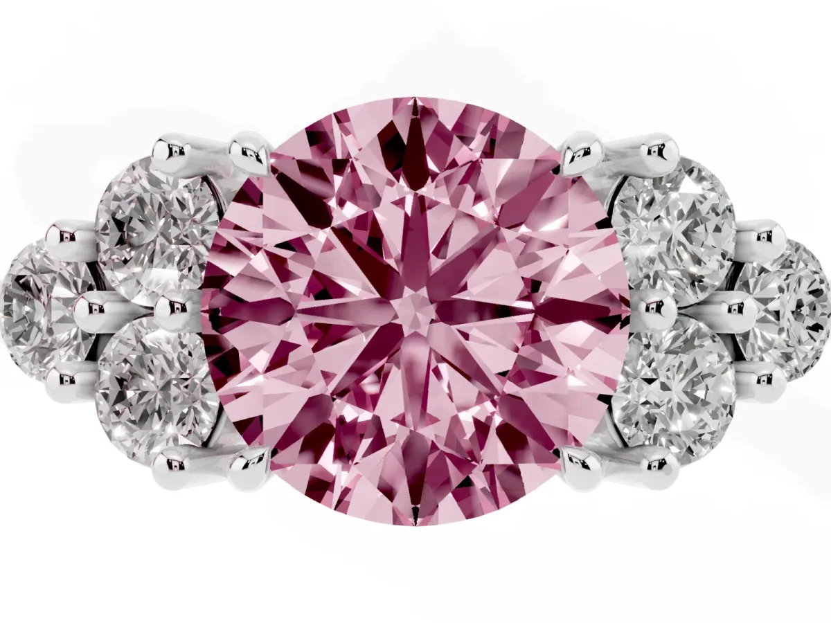 Fancy Pink Round Cut Brilliant Diamond Cluster Accent Solitaire Ring with Prong Setting White gold