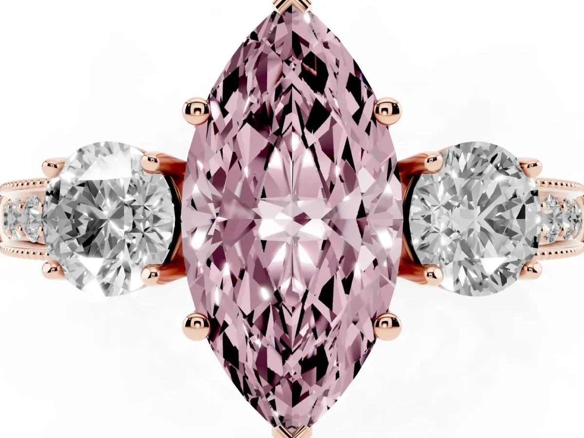 Fancy Pink Marquise Cut Three-Stone Diamond Ring with Pavé Band and Four-Prong Setting Rose gold