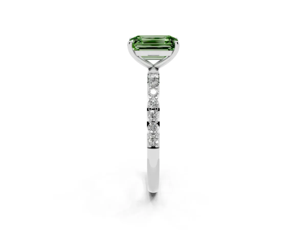 Fancy Green Emerald Cut Diamond Solitaire Ring with Round Pavé Shoulders and Prong Setting Silver