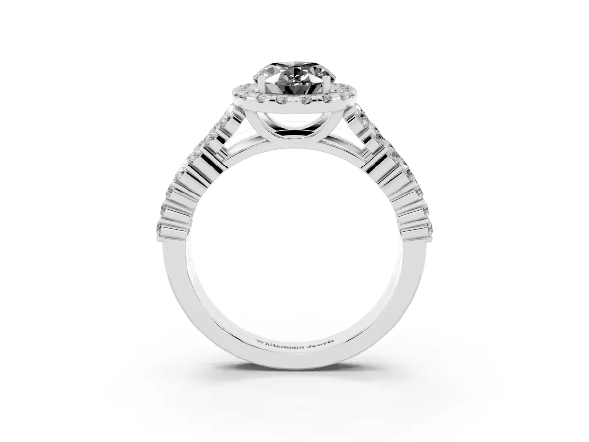 Fancy Black Oval Cut Diamond Halo Engagement Ring with Triple Row Round Pavé Band and Prong Setting Silver