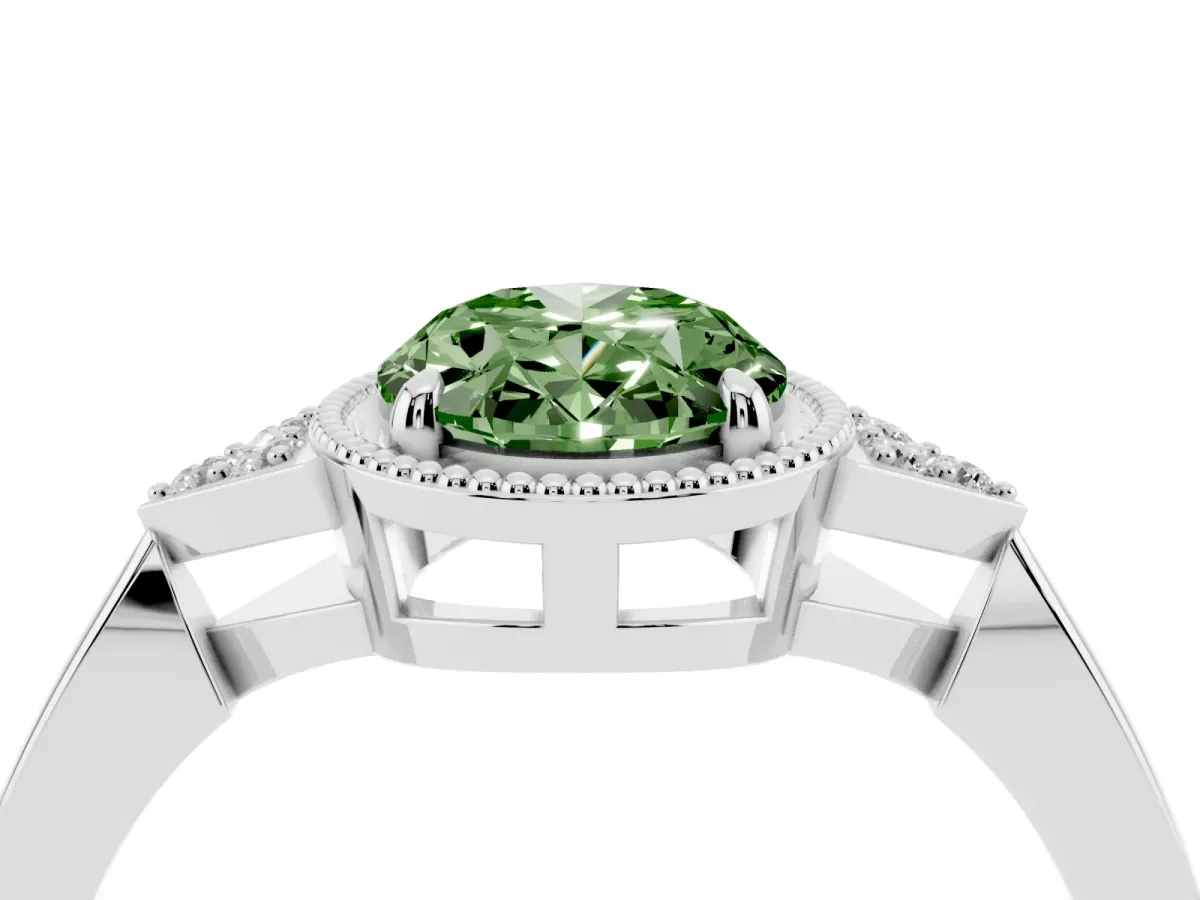 Fancy Green Oval Cut Diamond Halo Ring with Tapered Band and Four-Prong Setting Platinum