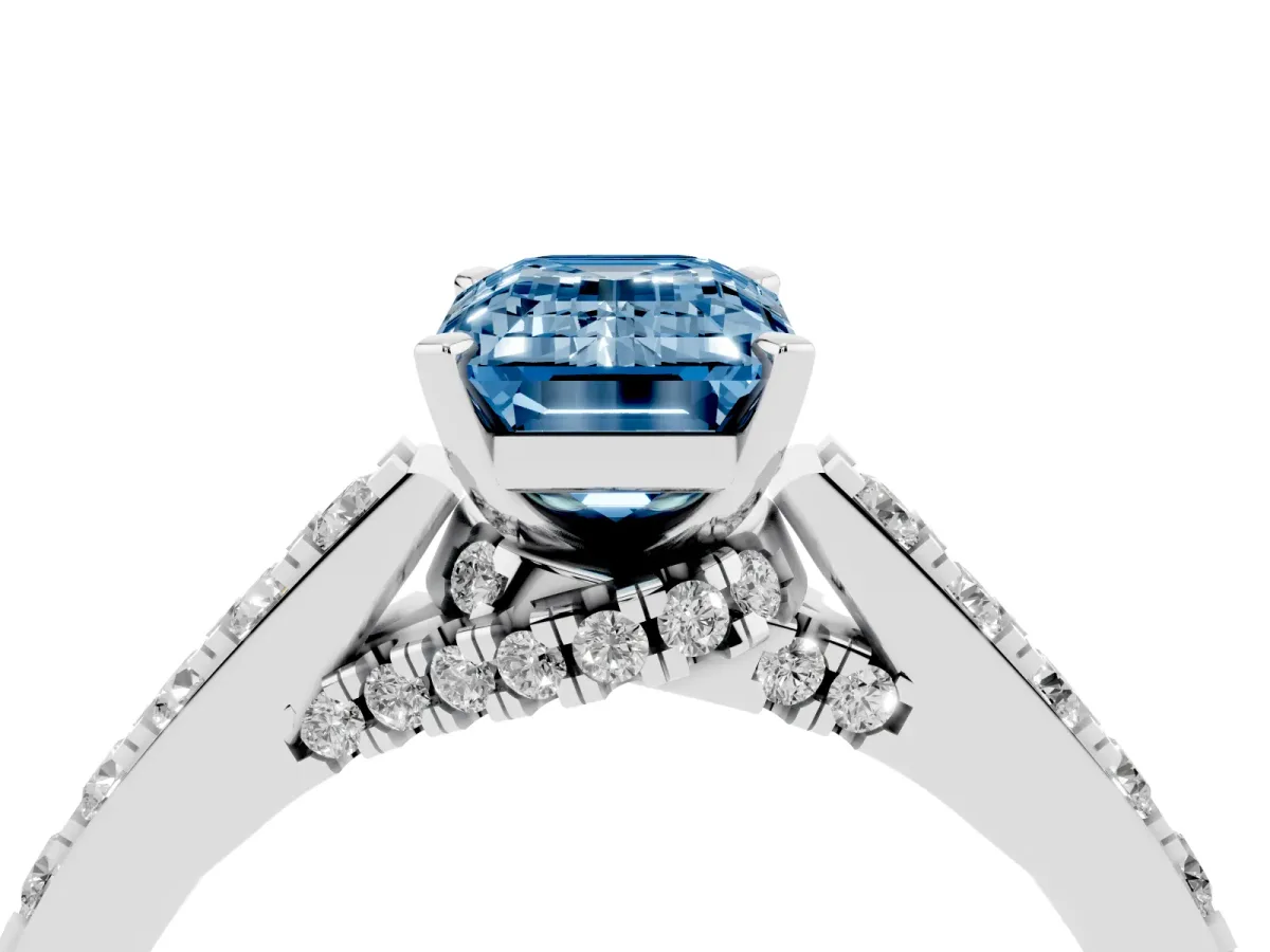 Fancy Blue Emerald Cut Diamond Solitaire Ring with Crossover Gallery and Round Pavé Band Platinum