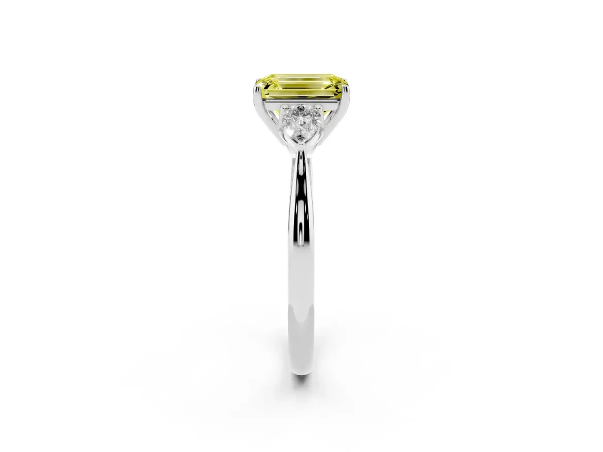 Fancy Yellow Emerald Cut Diamond Three-Stone Ring with Pear Side Stones and Prong Setting Silver
