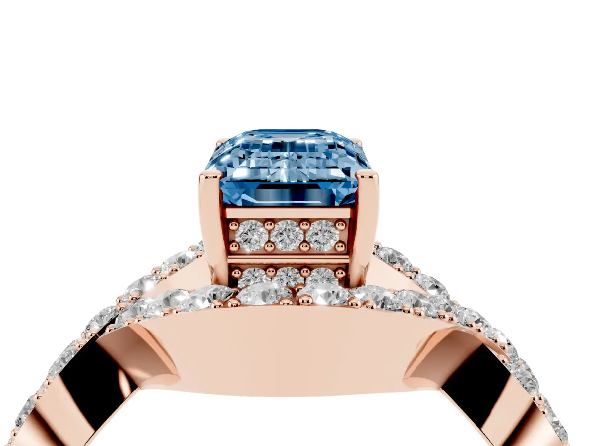 Fancy Blue Emerald Cut Solitaire Twist Band Pavé Diamond Engagement Ring Rose gold
