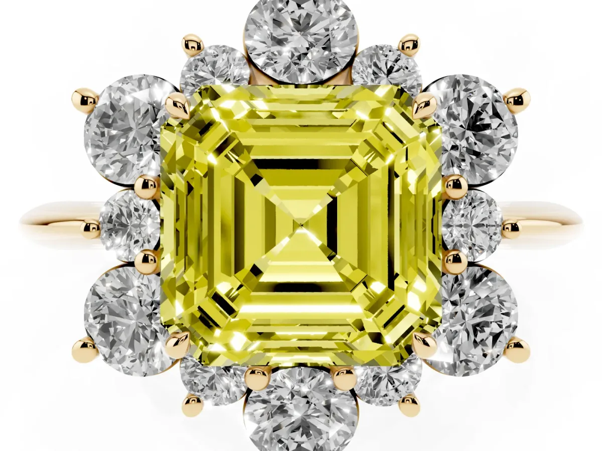 Fancy Yellow Asscher Cut Diamond Cluster Halo Ring with Solitaire Band and Four-Prong Setting Yellow gold