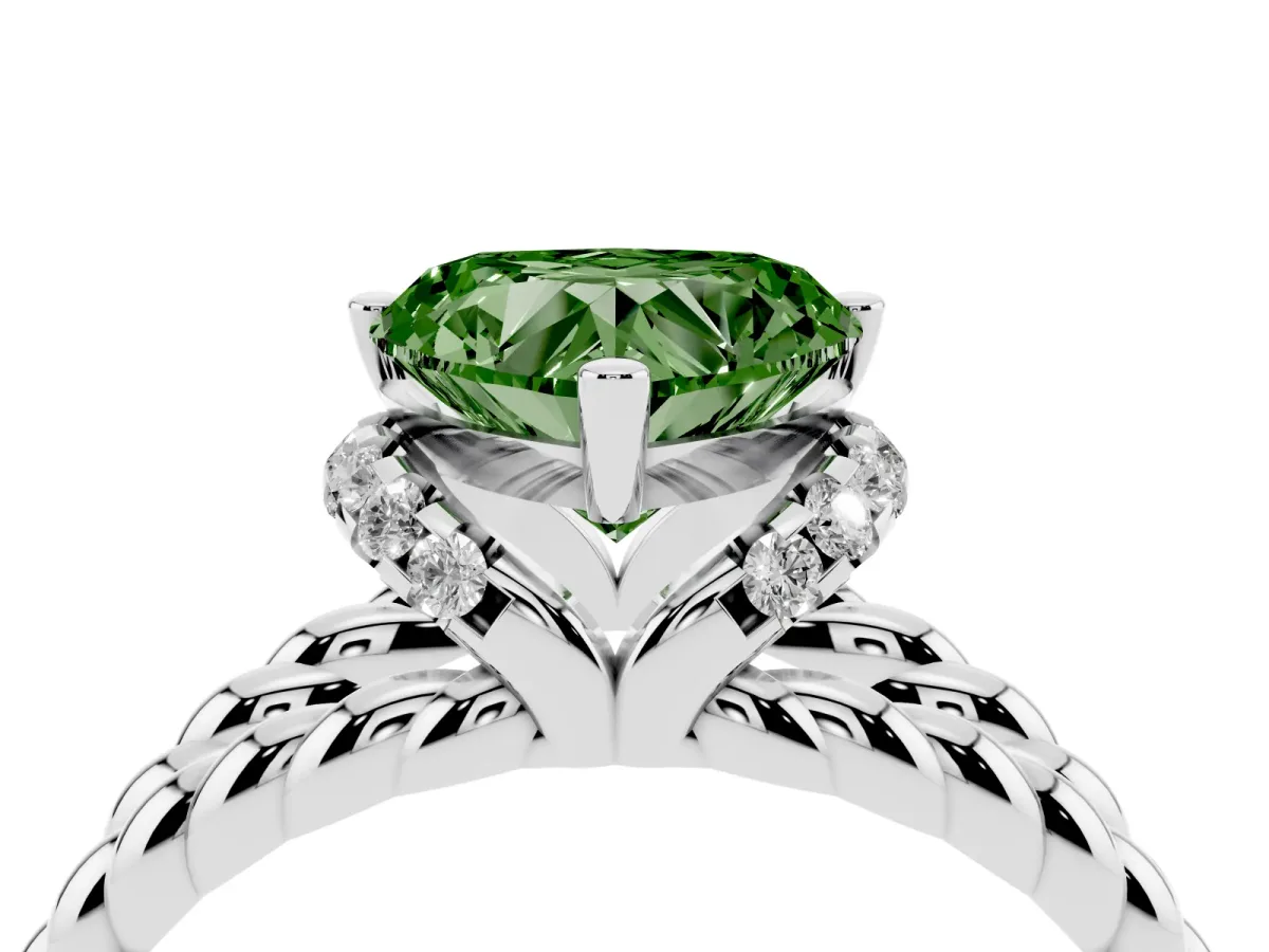 Fancy Green Heart Cut Halo Twisted Band Four-Prong Ring Silver