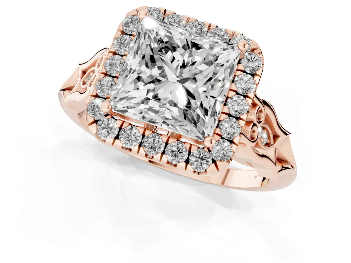 Princess Cut Halo Diamond Engagement Ring with Filigree Band and Four-Prong Setting Rose gold