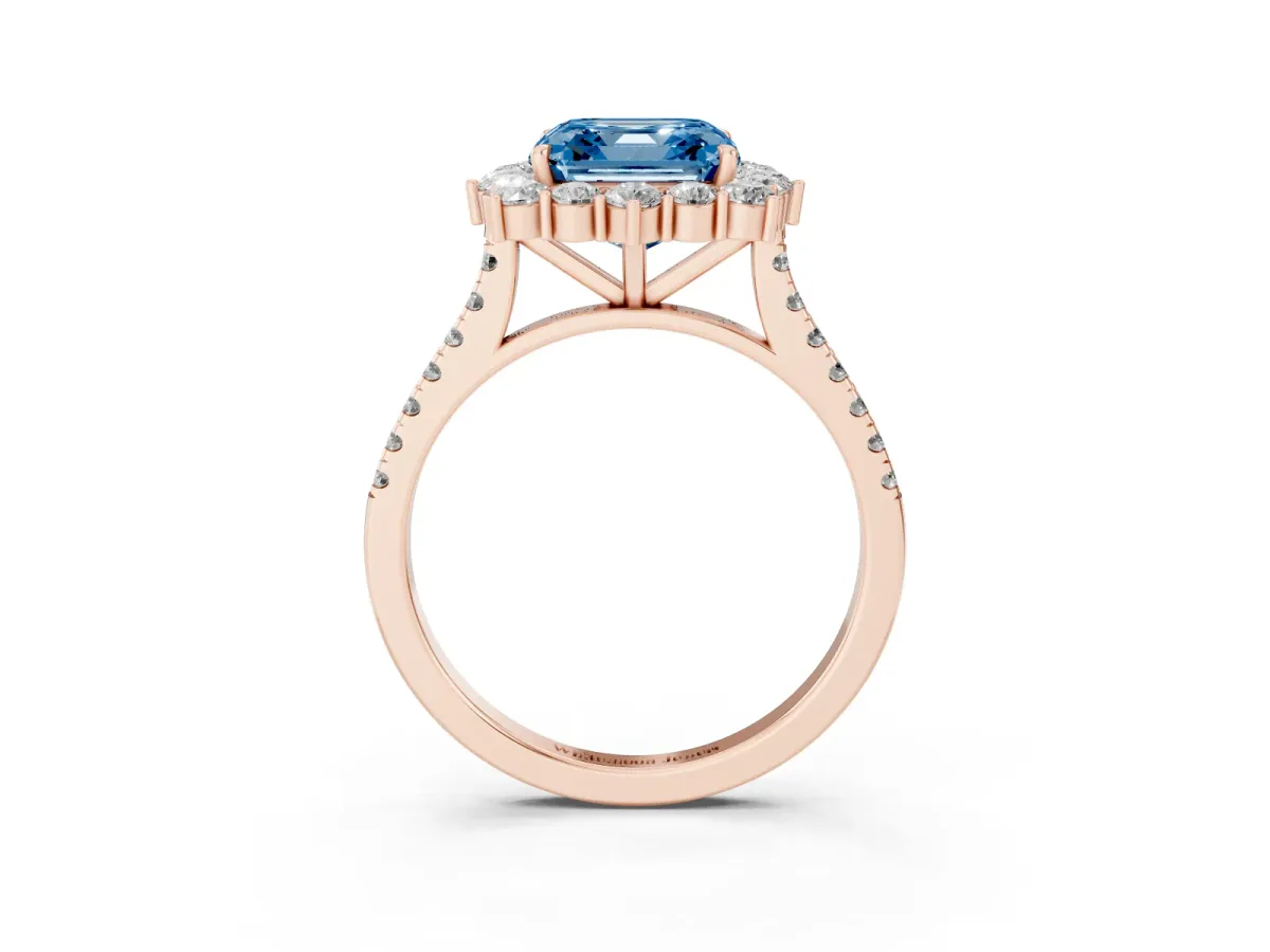 Fancy Blue Asscher Cut Halo Diamond Ring with Pavé Band and Prong Setting Rose gold