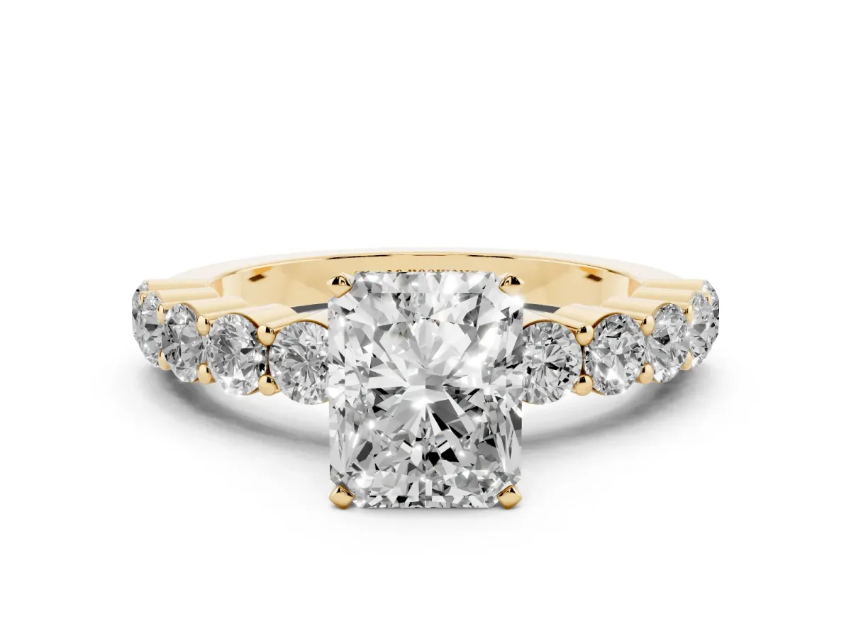 Radiant Cut Diamond Solitaire Ring with Shared Prong Round Side Stones Yellow gold