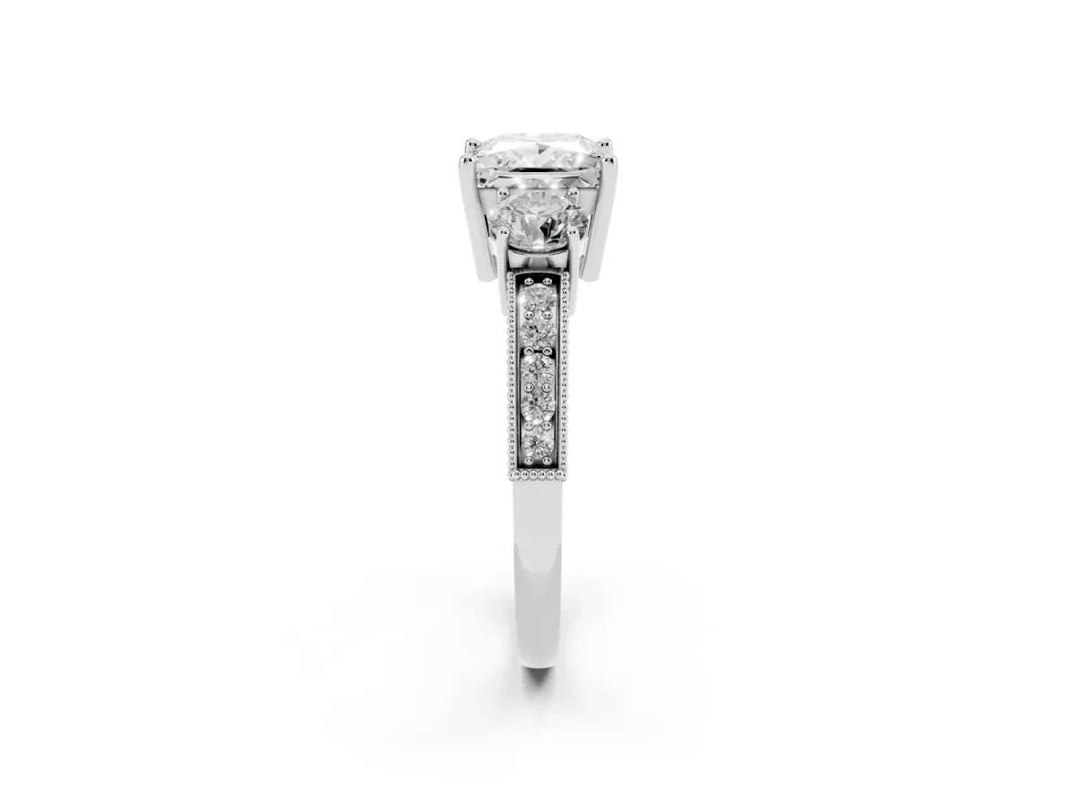 Princess Cut Three-Stone Diamond Ring with Pavé Band and Four-Prong Setting Silver