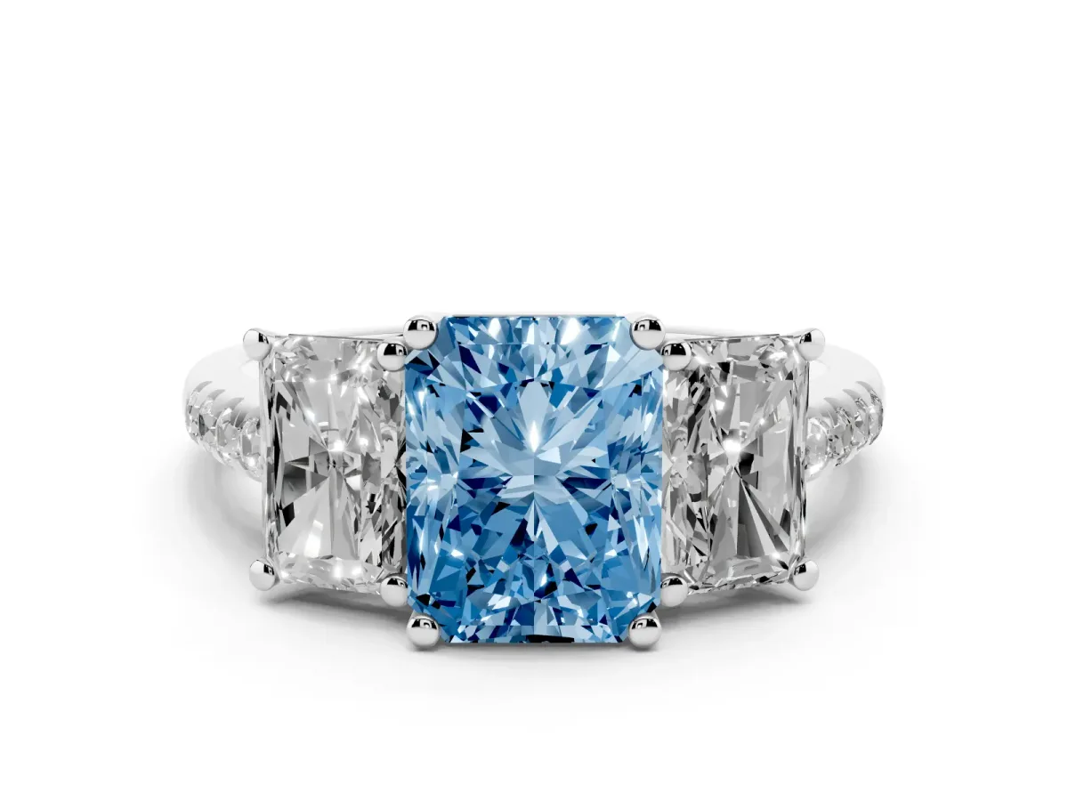 Fancy Blue Three-Stone Radiant Cut Diamond Ring with Round Pavé Band and Prong Setting Silver
