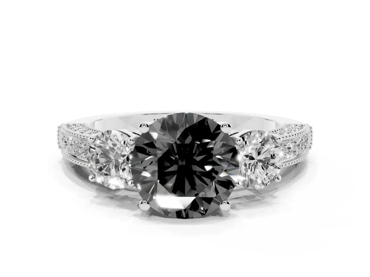 Fancy Black Round Cut Three-Stone Diamond Ring with Pavé Band and Four-Prong Setting Silver
