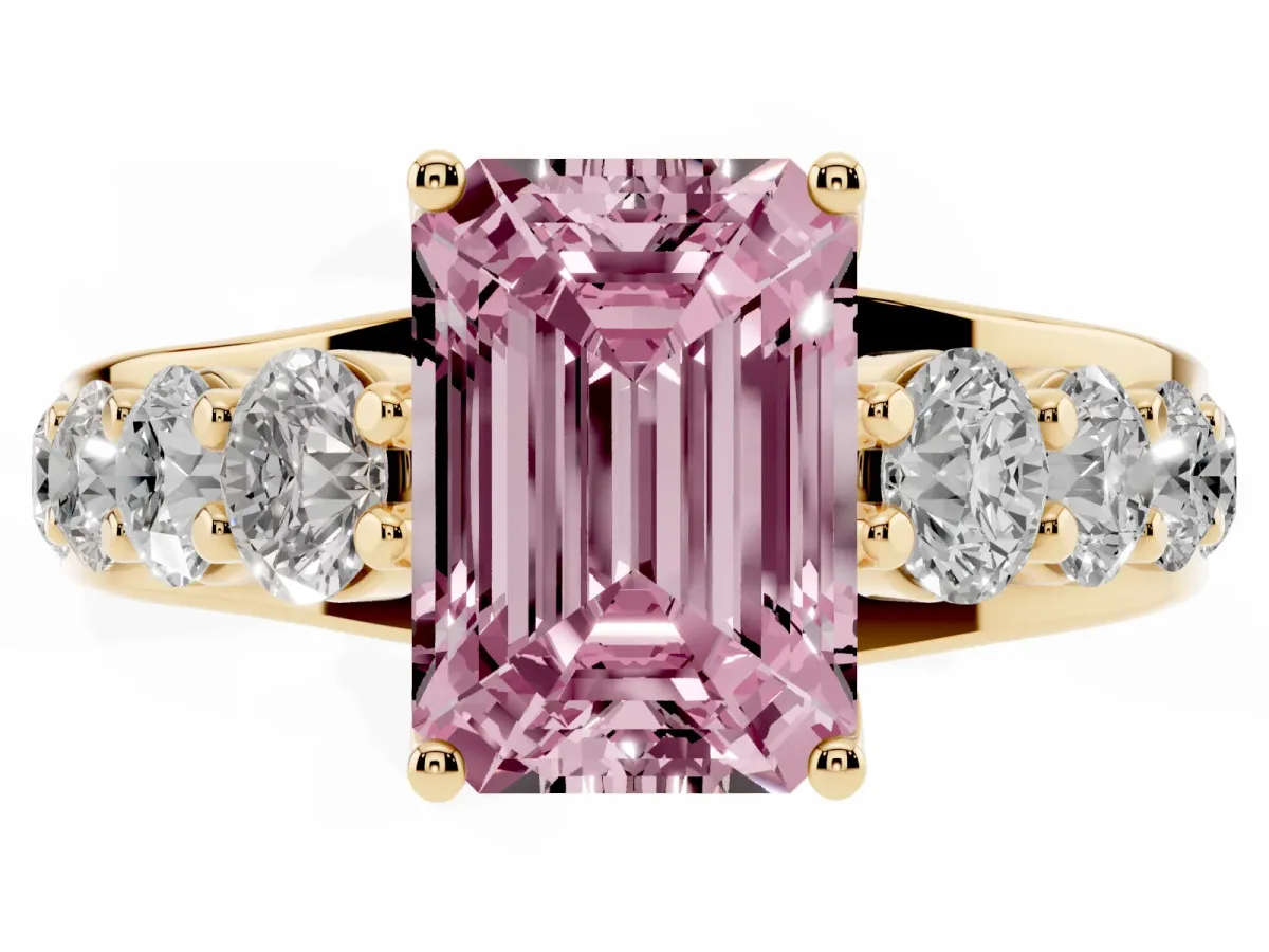 Fancy Pink Emerald Cut Diamond Engagement Ring with Pavé Band and Four-Prong Setting Yellow gold