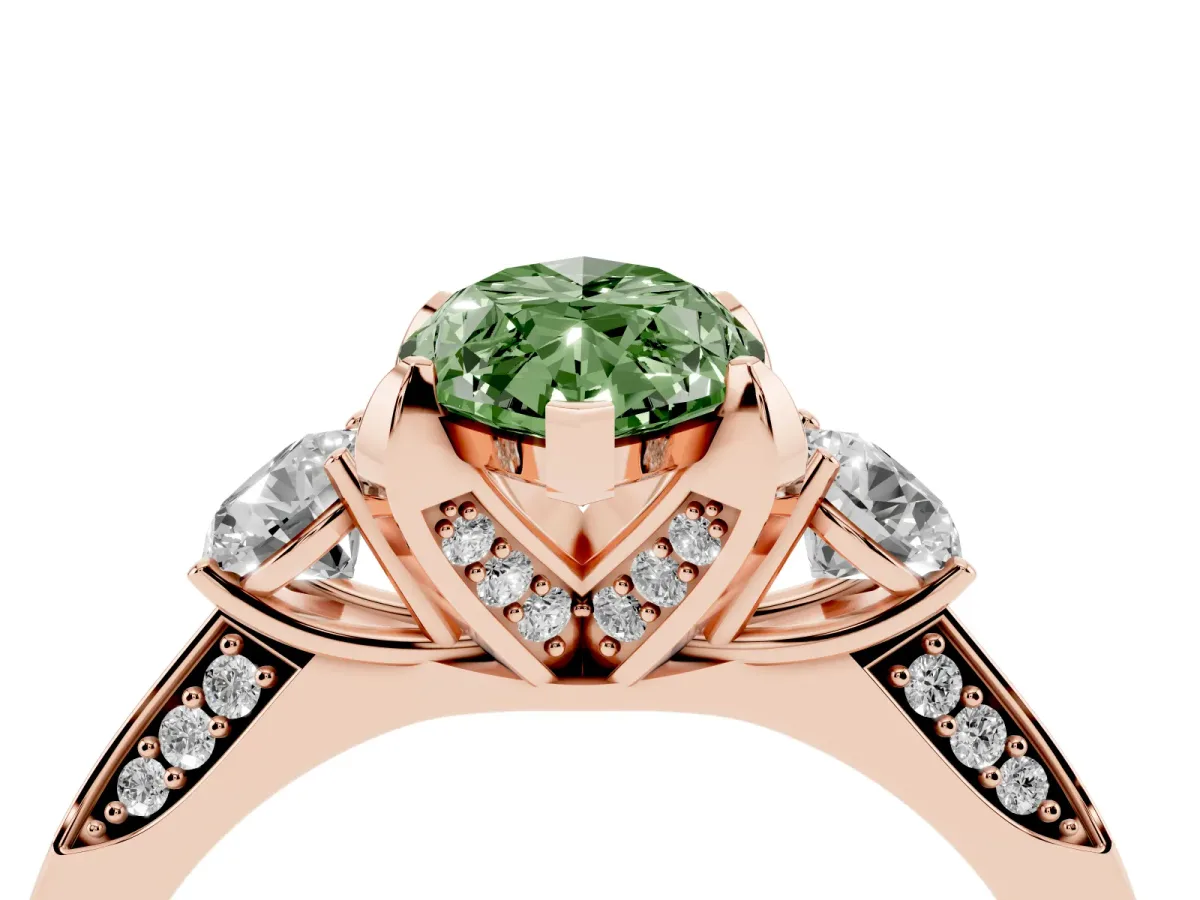 Fancy Green Marquise Cut Brilliant Three-Stone Diamond Ring with Pavé Band and Four-Prong Setting Rose gold