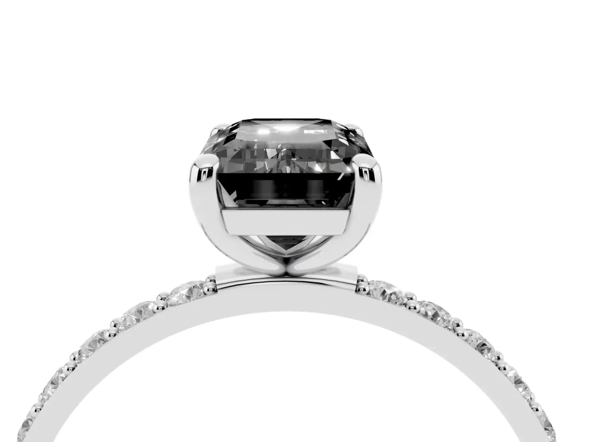 Fancy Black Emerald Cut Diamond Solitaire Ring with Round Pavé Band and Prong Setting Silver