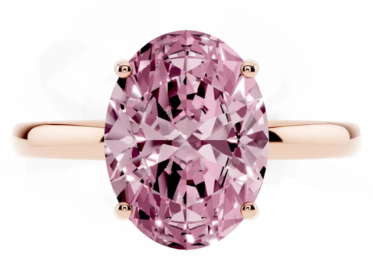 Fancy Pink Oval Cut Solitaire Diamond Ring with Prong Setting and Plain Band Rose gold