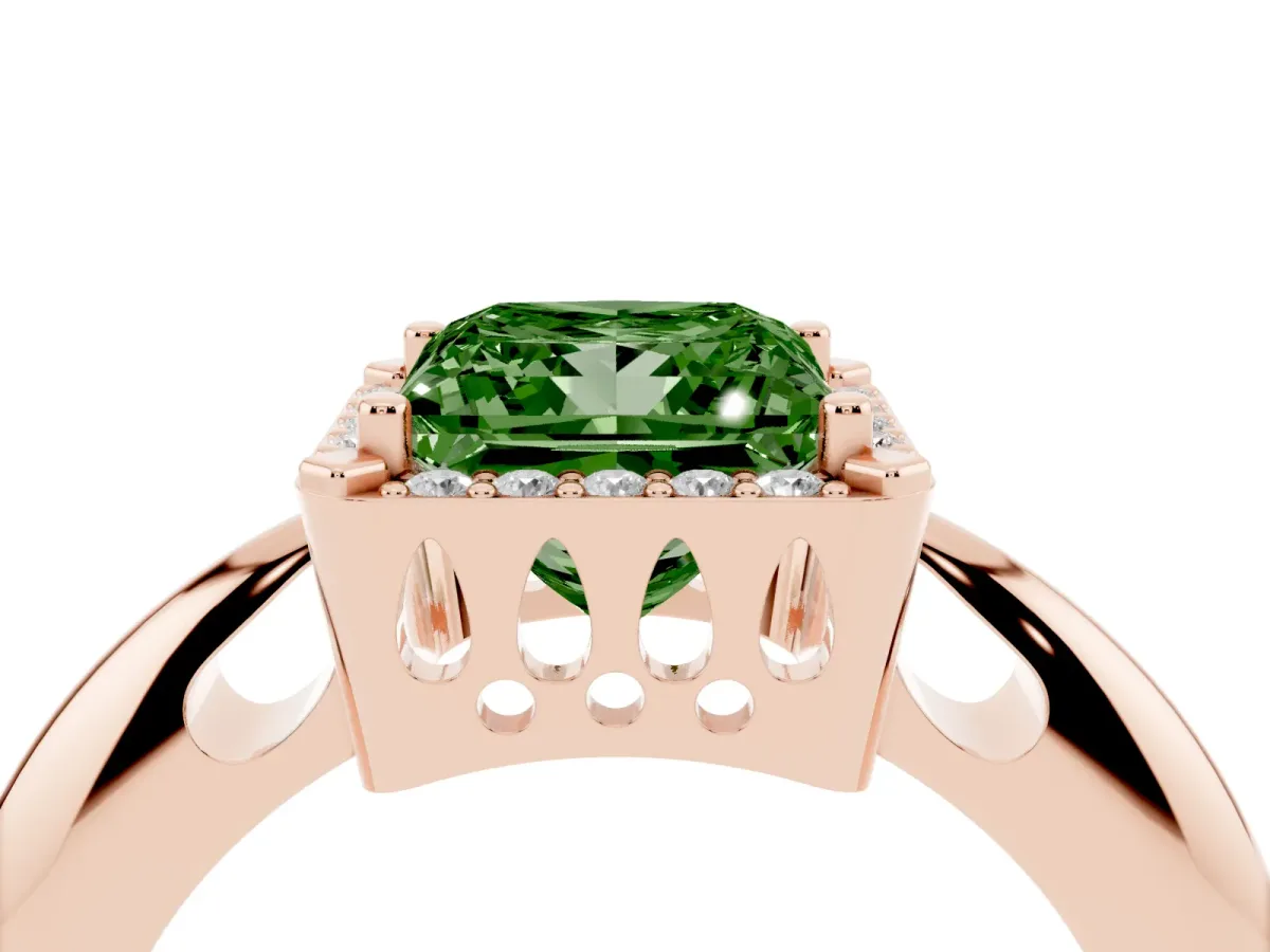 Fancy Green Princess Cut Cut Diamond Halo Engagement Ring with Split Shank and Four-Prong Setting Rose gold