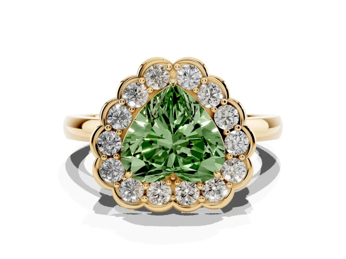 Fancy Green Heart Cut Halo Cluster Diamond Engagement Ring with Solitaire Band and Prong Setting Yellow gold