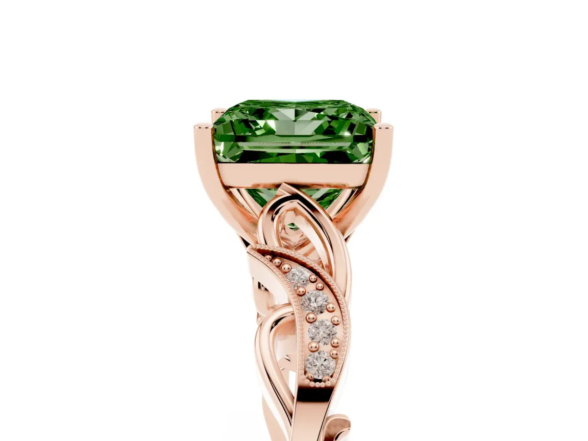 Fancy Green Princess Cut Solitaire Vine Band with Milgrain Prong Setting Rose gold