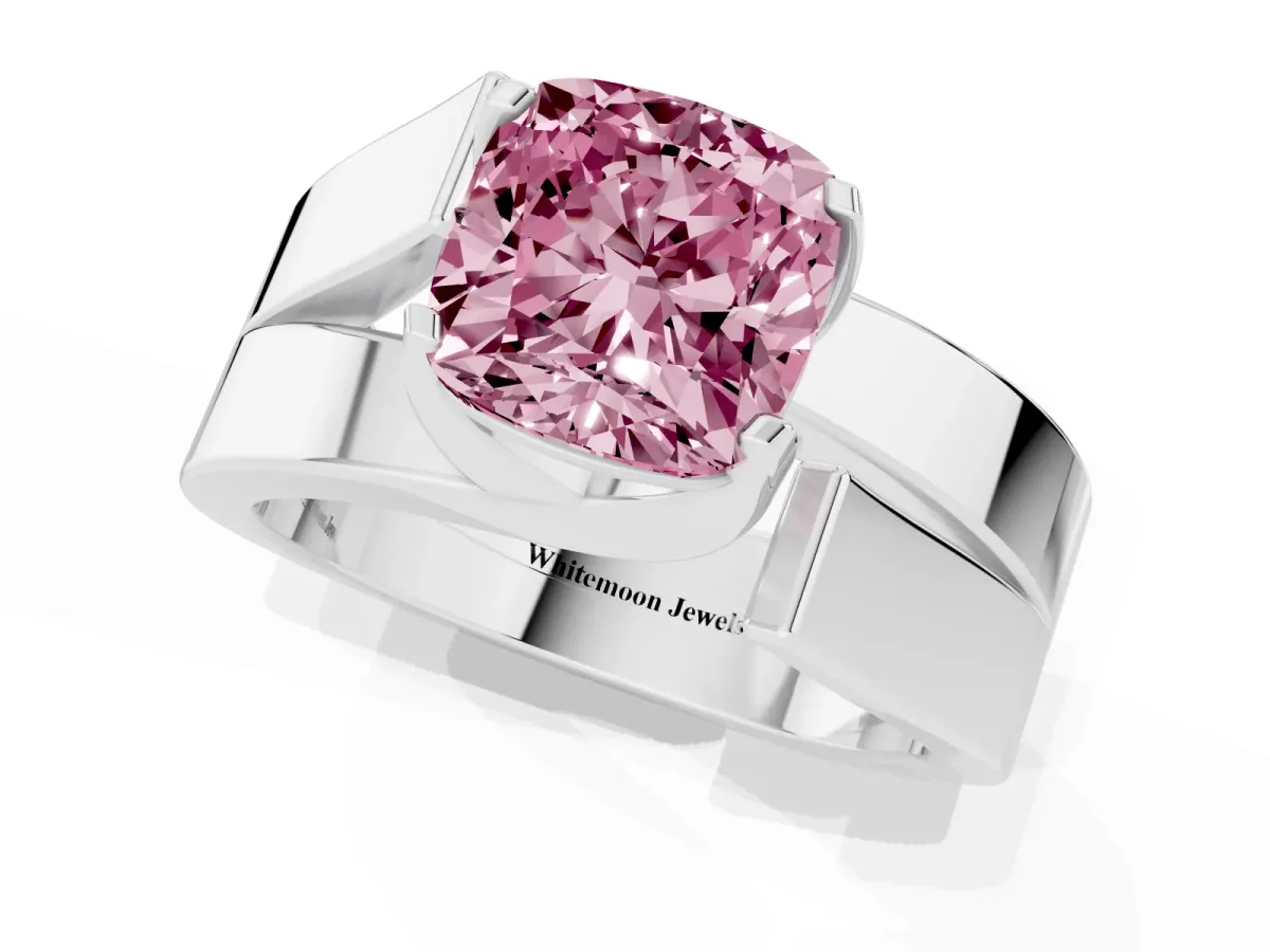 Fancy Pink Modern Tension Set Cushion Cut Diamond Solitaire Wide Band Ring Silver