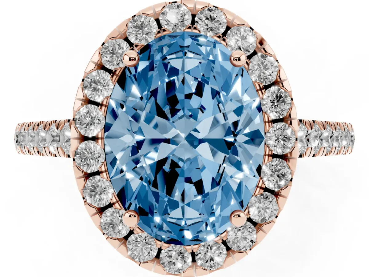 Fancy Blue Oval Cut Halo Pavé Diamond Engagement Ring with Four-Prong Setting Rose gold
