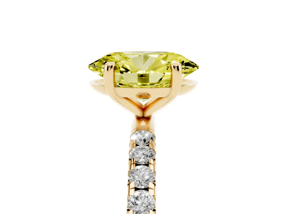 Fancy Yellow Oval Cut Cut Diamond Solitaire Ring with Micro Pave Band and Four Prong Setting Yellow gold