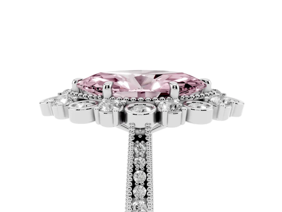 Fancy Pink Marquise Cut Halo Milgrain Pave Diamond Ring with Four-Prong Setting Platinum