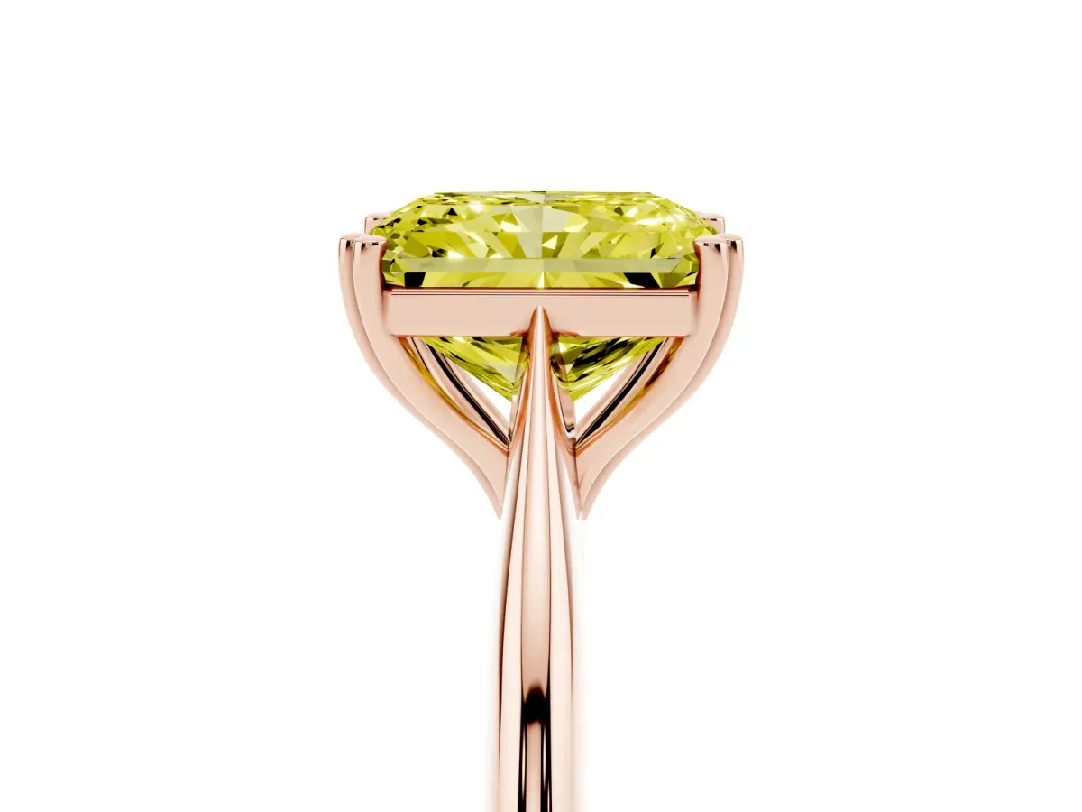Fancy Yellow Radiant Cut Solitaire Diamond Ring with Six-Prong Setting and Classic Band Rose gold