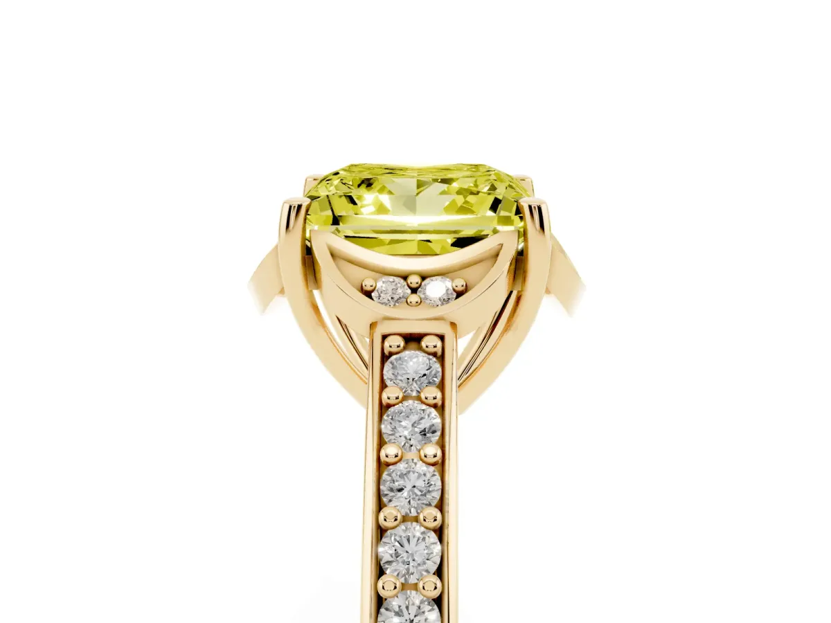 Fancy Yellow Princess Cut Cut Halo Diamond Ring with Channel Set Band and Four-Prong Setting Yellow gold