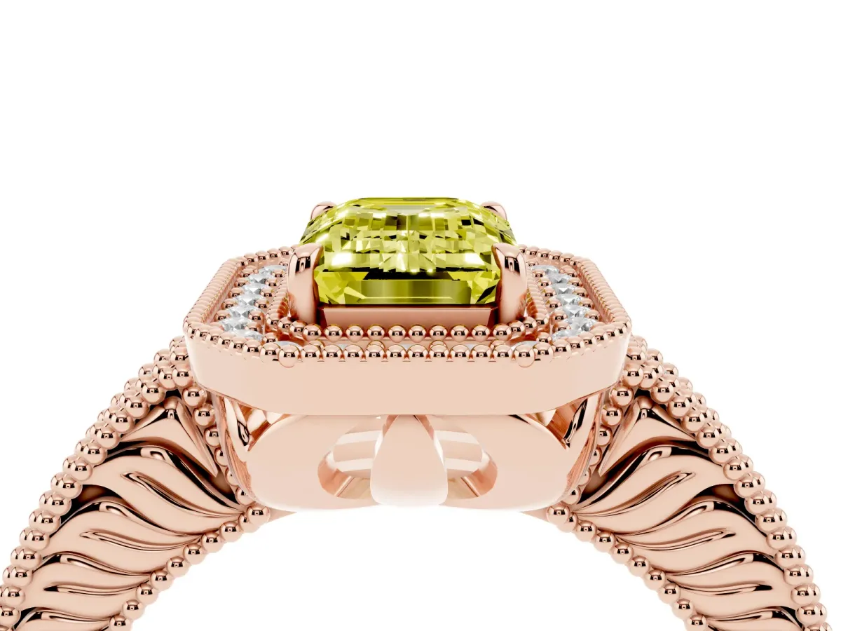 Fancy Yellow Emerald Cut Cut Halo Diamond Ring with Pavé Band and Four-Prong Setting Rose gold