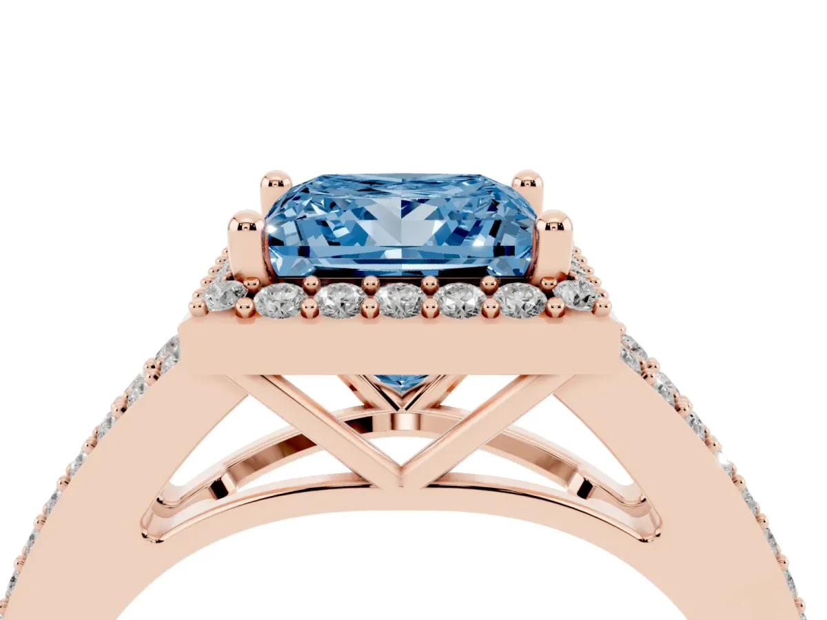 Fancy Blue Princess Cut Halo Split Shank Pave Diamond Ring with Four-Prong Setting Rose gold