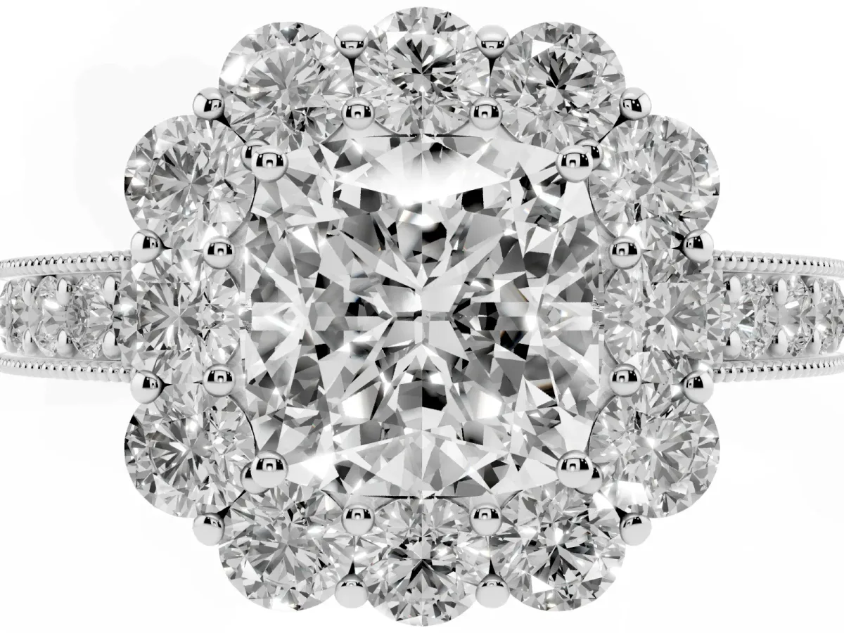 Cushion Cut Cut Halo Diamond Pavé Engagement Ring with Milgrain Detailing Silver