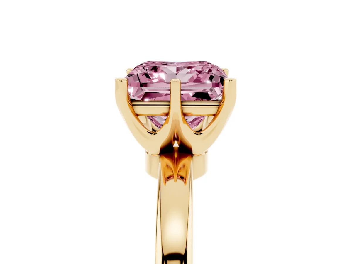 Fancy Pink Princess Cut Solitaire Diamond Ring with Six-Prong Setting on a Classic Band Yellow gold