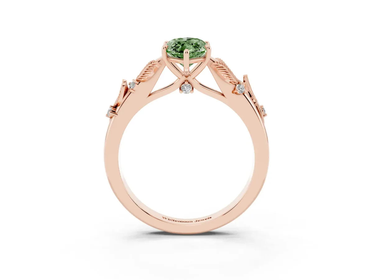 Fancy Green Marquise Cut Diamond Solitaire Ring with Leaf Motif Band and Four-Prong Setting Rose gold