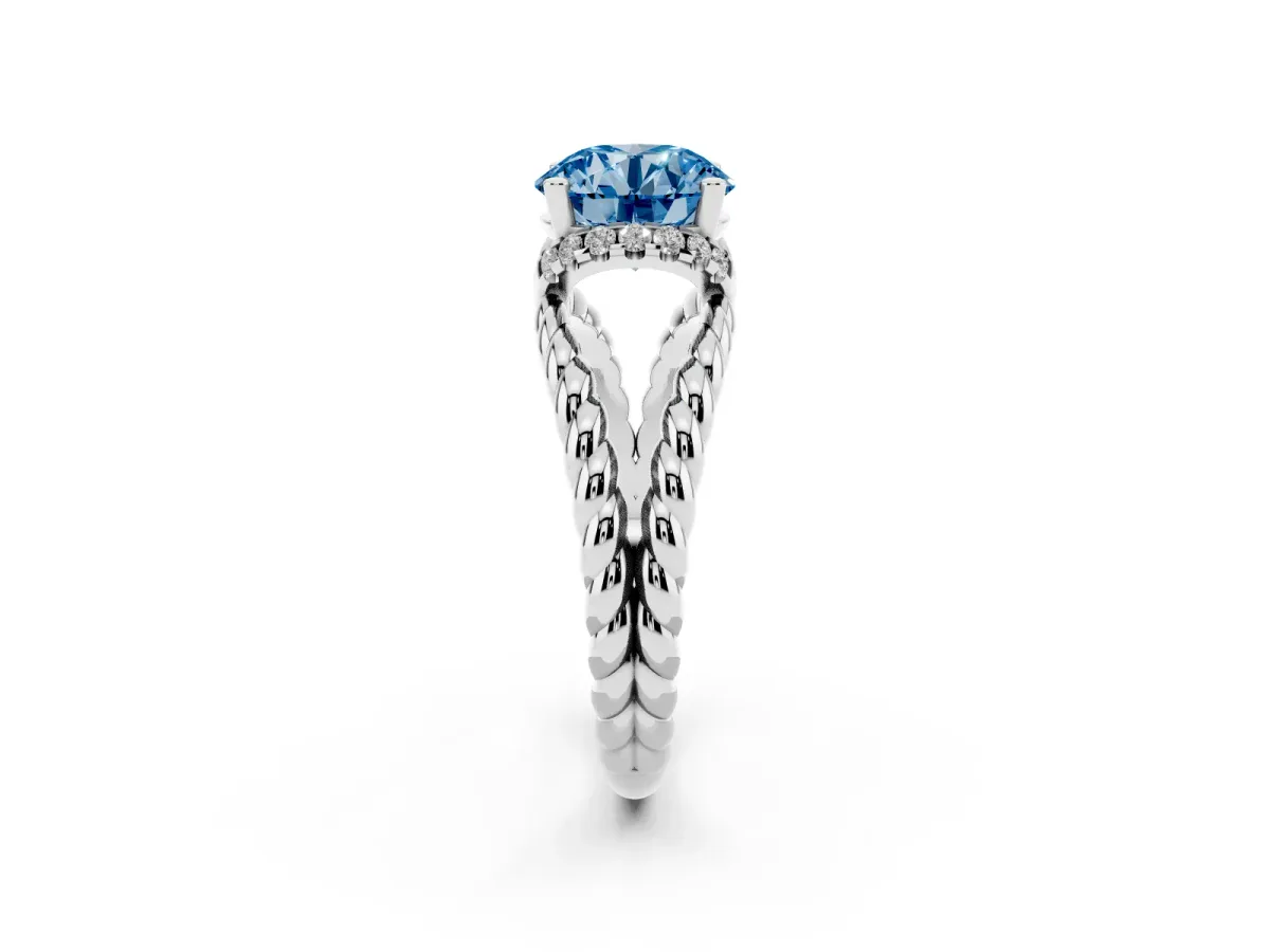 Fancy Blue Round Cut Halo Twisted Band Four-Prong Ring Platinum