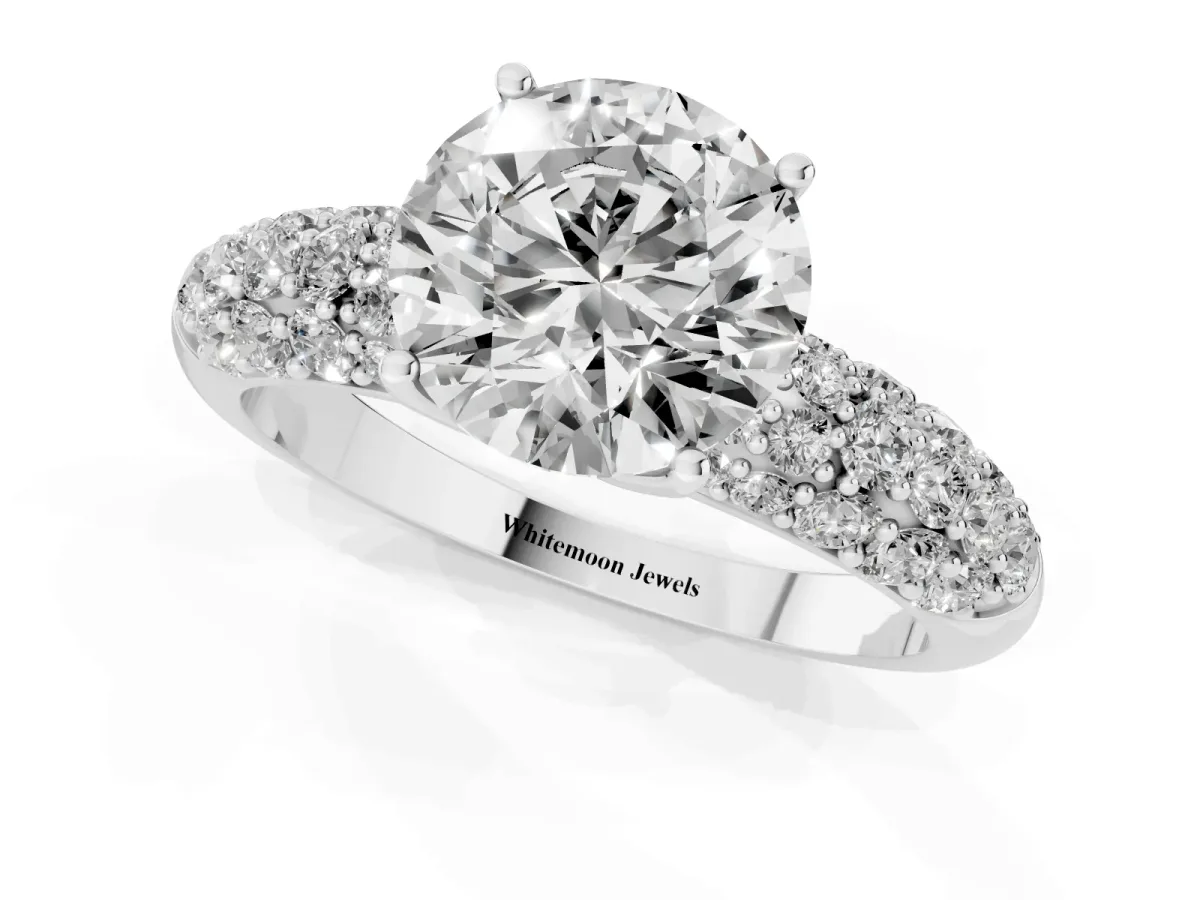 Round Cut Diamond Pavé Band Solitaire Ring with Four-Prong Setting Silver