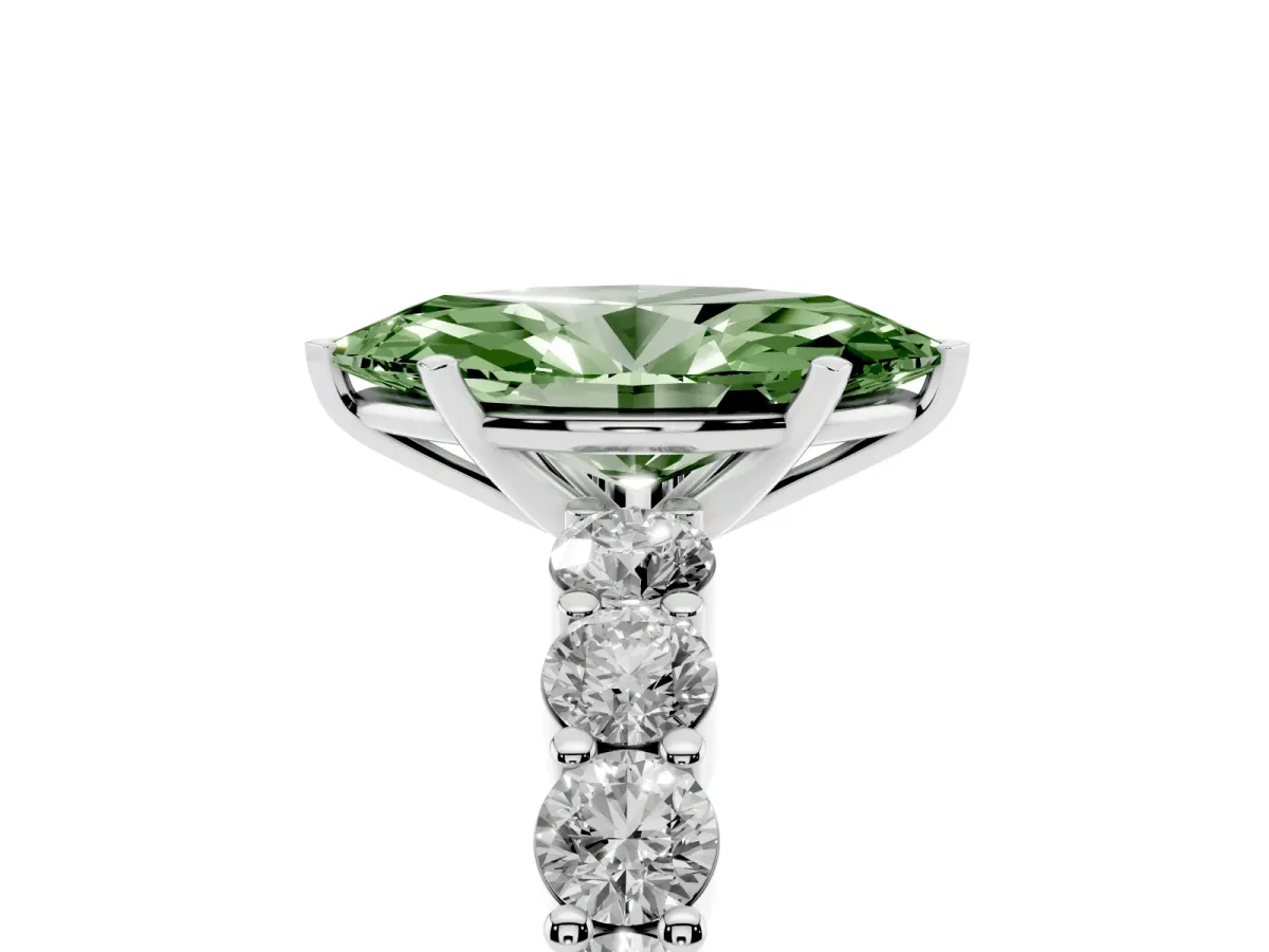 Fancy Green Marquise Cut Diamond Solitaire Ring with Shared Prong Round Side Stones Silver