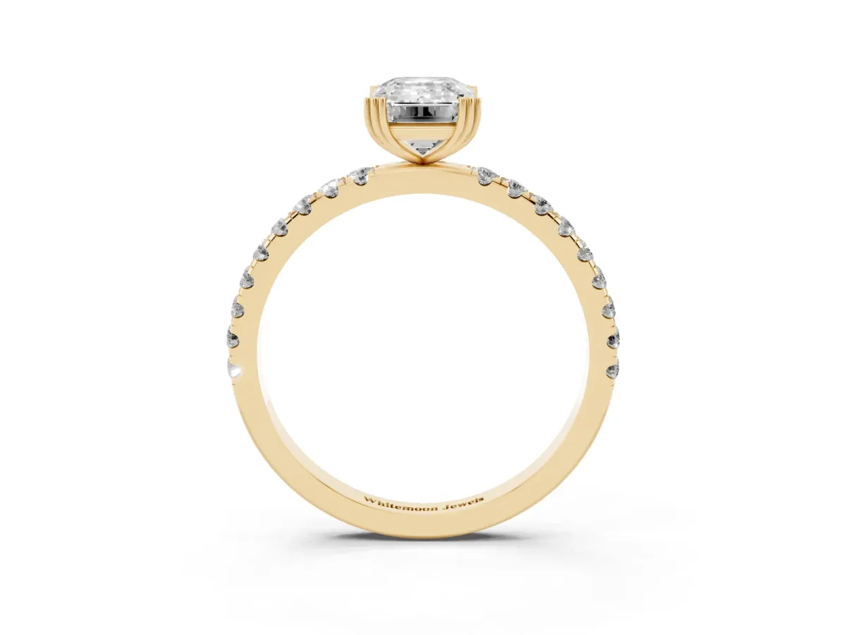 Emerald Cut Brilliant Solitaire with Pavé Band and Claw Prong Setting Yellow gold