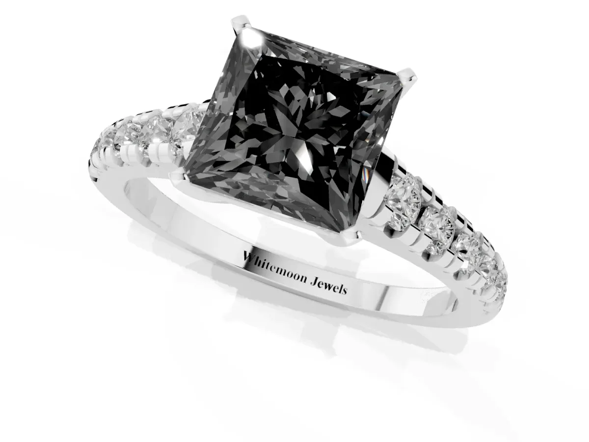 Fancy Black Princess Cut Diamond Cathedral Solitaire Ring with Round Pavé Band Silver
