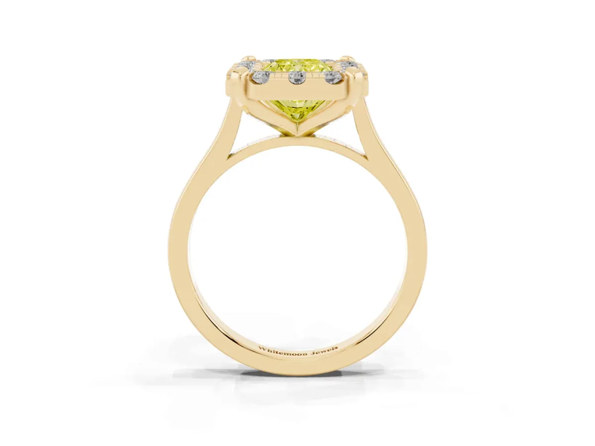 Fancy Yellow Radiant Cut Diamond Cluster Halo Solitaire with Four-Prong Setting Yellow gold