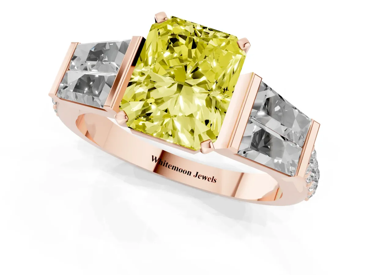 Fancy Yellow Radiant Cut Diamond Engagement Ring with Baguette Side Stones and Channel Set Band Rose gold