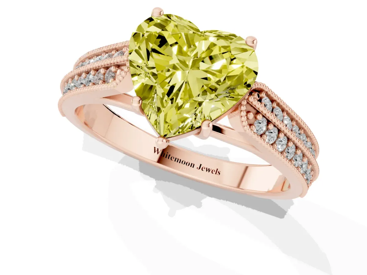 Fancy Yellow Heart Cut Cut Pave Split Shank Engagement Ring with Four-Prong Setting Rose gold