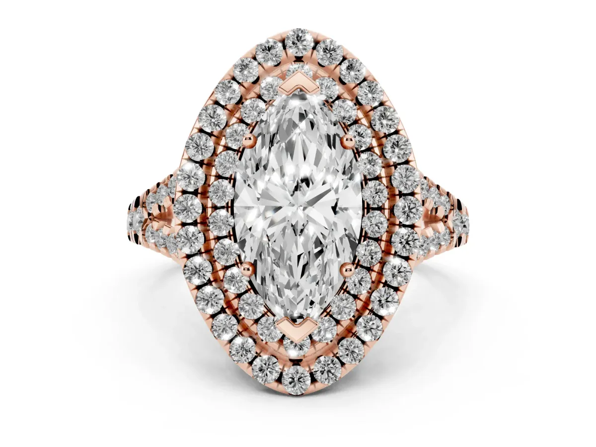 Double Halo Marquise Cut Diamond Pavé Split Shank Ring with Prong Setting Rose gold