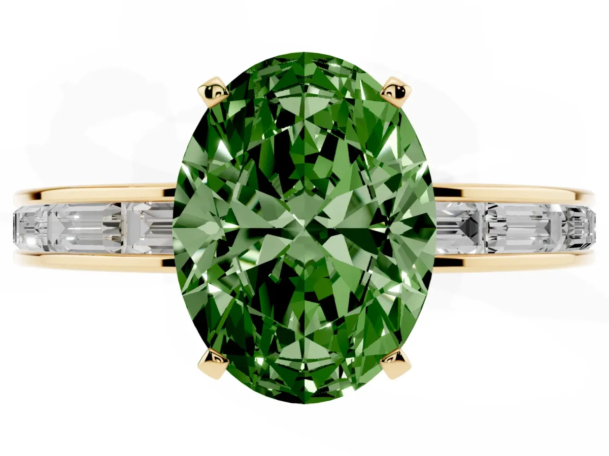 Fancy Green Oval Cut Solitaire Diamond Ring with Channel-Set Baguette Band and Four-Prong Setting Yellow gold