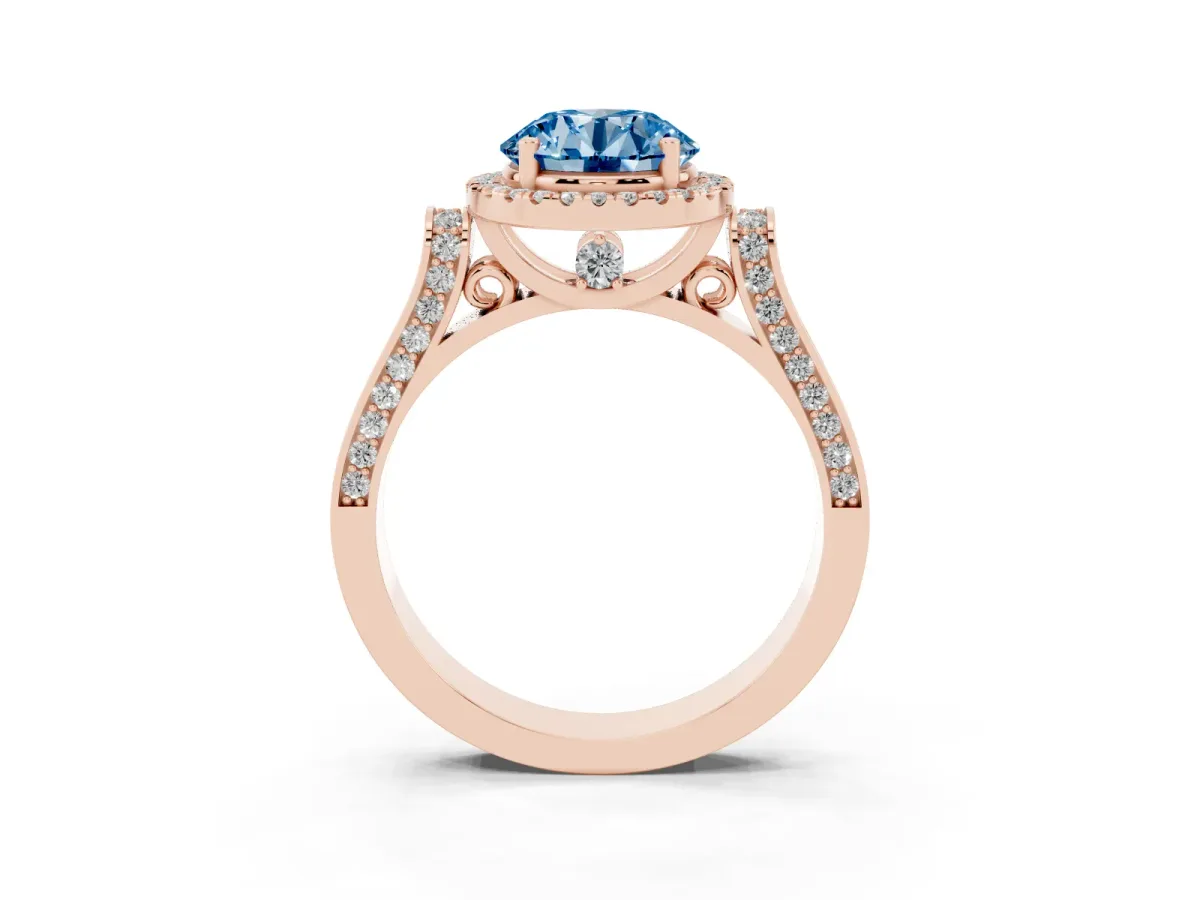 Fancy Blue Round Cut Halo Pave Split Shank Prong Setting Ring Rose gold