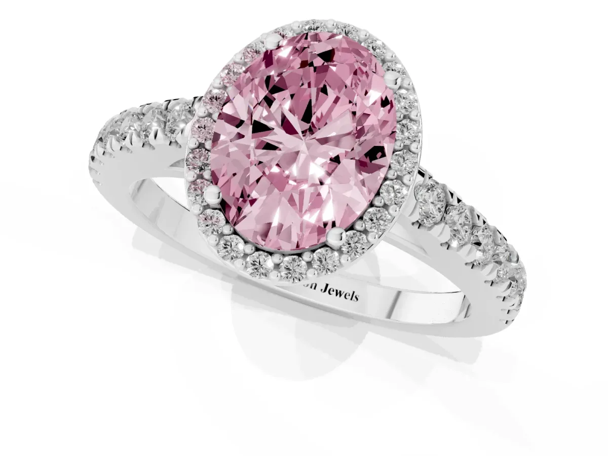 Fancy Pink Oval Cut Cut Halo Diamond Engagement Ring with Pave Band and Four-Prong Setting Silver