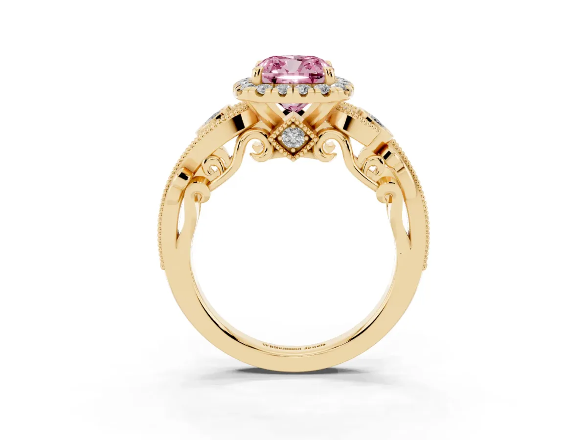 Fancy Pink Cushion Cut Diamond Halo Ring with Milgrain Pavé Band and Four-Prong Setting Yellow gold
