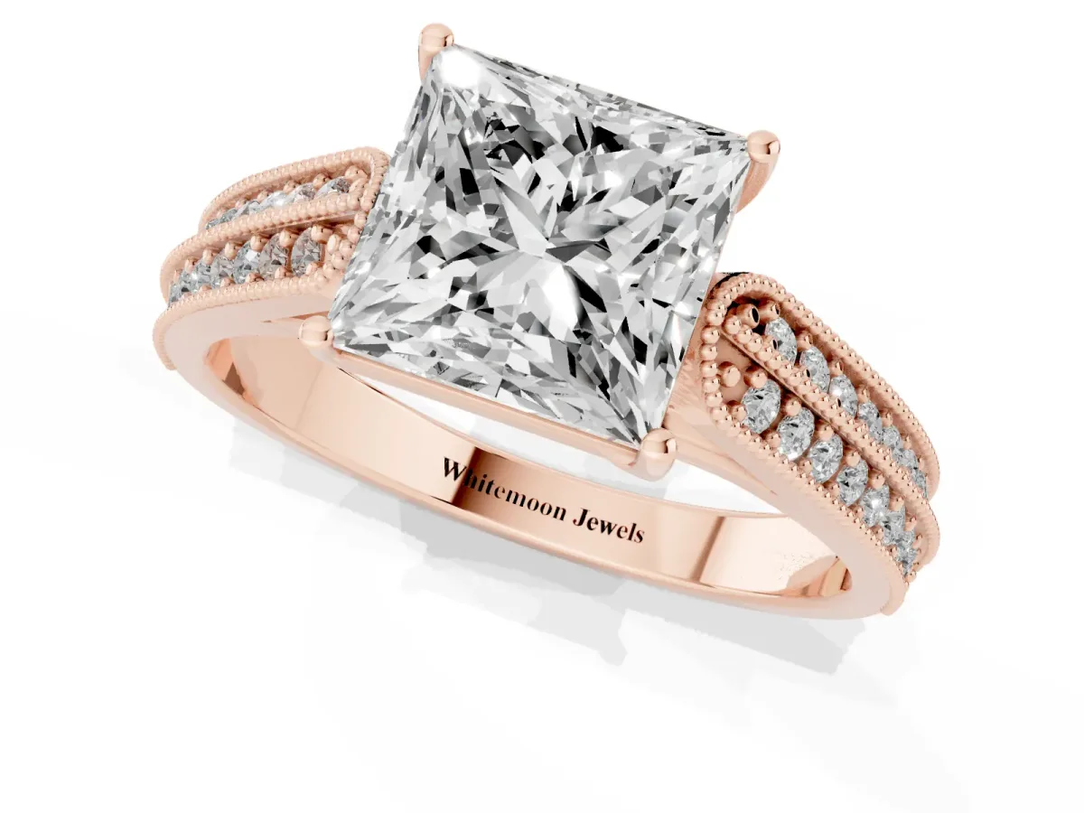 Princess Cut Cut Pave Split Shank Engagement Ring with Four-Prong Setting Rose gold