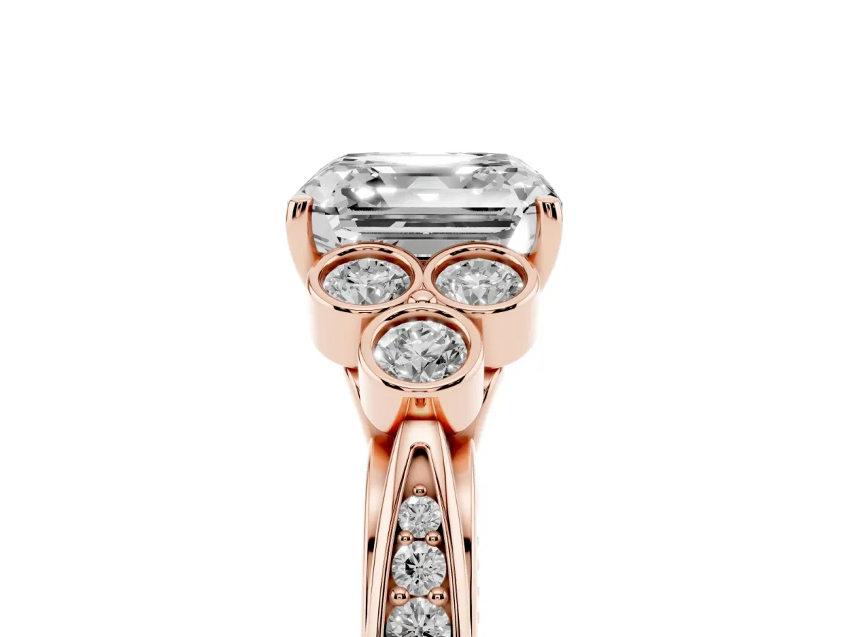 Asscher Cut Cut Diamond Engagement Ring with Bezel Set Round Side Stones and Prong Setting Rose gold